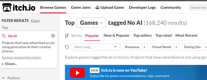 itch.io search results filtered to games tagged 'No AI'